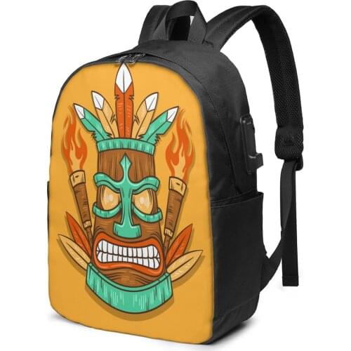 School Laptop Backpack Angry Tiki Mask With Torches 17 inch Travel Multi USB Charger Bag