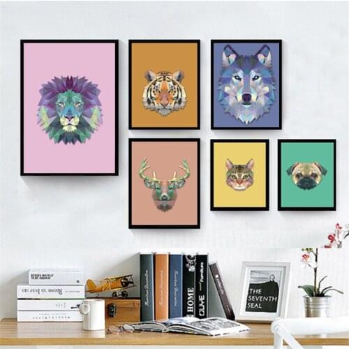 Nordic Colorful Abstract Geometry Animal Head Canvas Painting Deer Cat Tiger Lion Bulldog Dog Wolf Deer Poster Print Room Decor