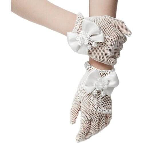 MUABABY Girls Wedding Gloves Mesh Bow Pearl Princess Party Supplies Children Birthday Ceremony Coronation Accessories Girl Gift
