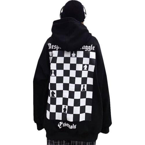 Harajuku Checkerboard Hoodie Women Streetwear Hoodie Vintage Man Hoodie Loose Hooded Pullover Casual Hoodie Thick
