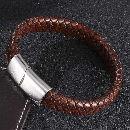 Vintage Brown Braided Leather Charm Bracelet Men 3 Colors Stainless Steel Magnetic Buckle Wrist Band Male Bangles Gifts ST0499