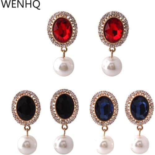 WENHQ New Fashion Luxury Clip on Earrings for Women Gold Color Rhinestone Faux Pearl Statement Earrings Factory Wholesale Price