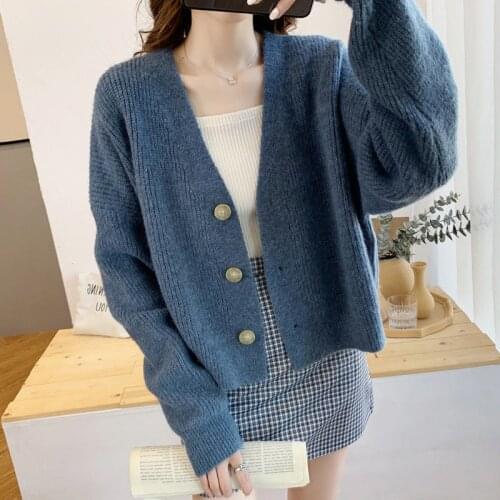 Women Sweater Spring Autumn Short Cardigan Knitted Simple Casual Knitted Jacket Sweater Beige Green Blue Plus Size jumper 2020