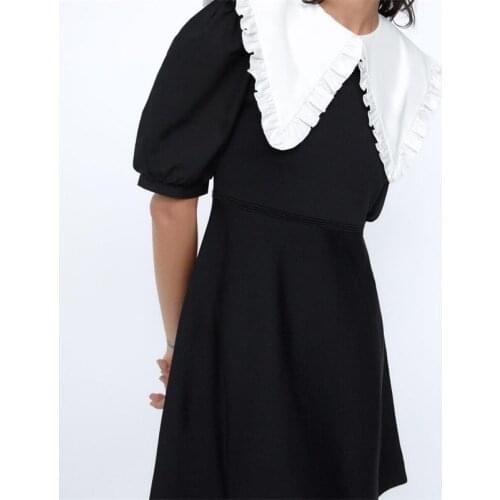 Women 2021 Sweet Fashion Patchwork Knitted Mini Dress Vintage Navy Collar Short Sleeve Female Dresses Vestidos