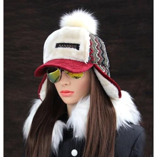 Winter Faux Cashmere Bomber Hat Women Earflap Caps Faux Fur Pompom Snow Hats Adjustable Bohemian Russian Ushanka