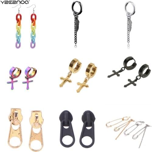 1Pair Tassel Asymmetric Pin Chain Earring Korean Exaggerate Safety Cross Zipper Earrings For Women Men Punk Dangle Jewelry