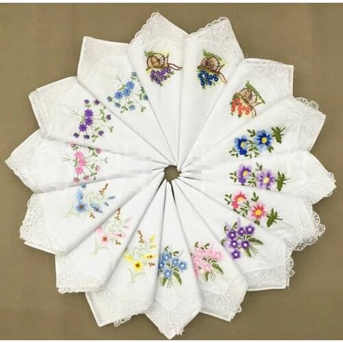 12Pcs/lot Embroidered handkerchief cotton white cotton embroidery lace single side edge handkerchief cotton handkerchief fabric