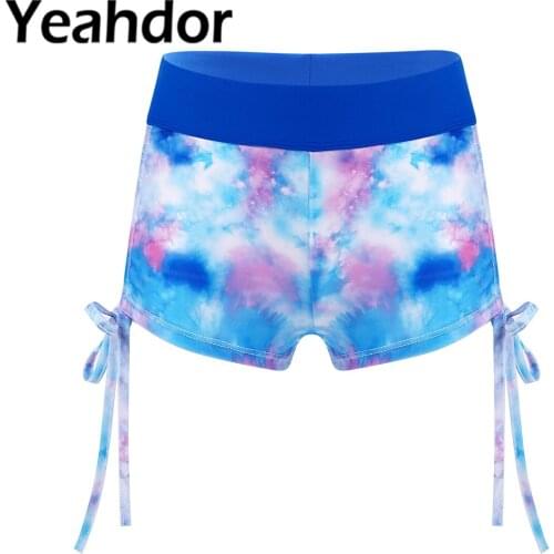 2021 Kids Girls Swim Bottom Shorts Swimwear Tie Dye Print High Waist Side Drawstring Shorts Beach Swimming Bathing Bottoms
