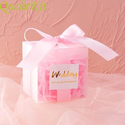 25pcs Square PVC Candy Plastic Box With Ribbon Flower Cake Chocolate Gift Packing Boxes Wedding Birthday Party Decoration