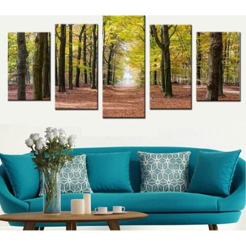 5 Panel Modern Printed Tree Painting Picture Autumn Forest Landscape Canvas Printings Waterproof Artwork Wall Picture Unframed