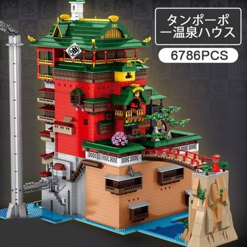 6878pcs The Tang Po Pos Hot Spring Pavilion Set Bathroom Building Blocks City Street View Architecture Bricks Kids Toys Gifts