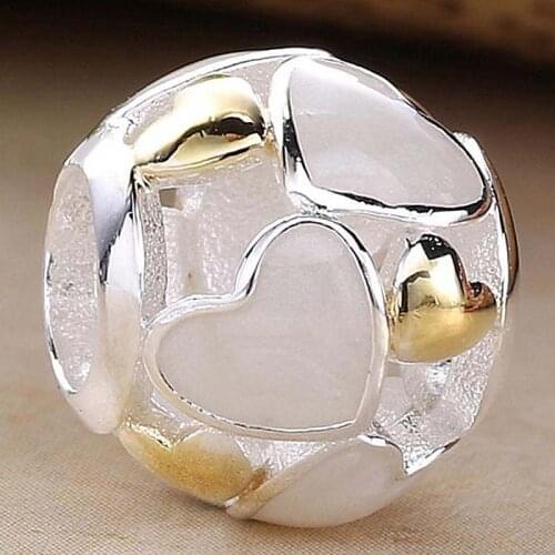 Original Mother-Of-Pearl & Gold Color Luminous Hearts Beads Fit 925 Sterling Silver Charm Bracelet Bangle DIY Jewelry