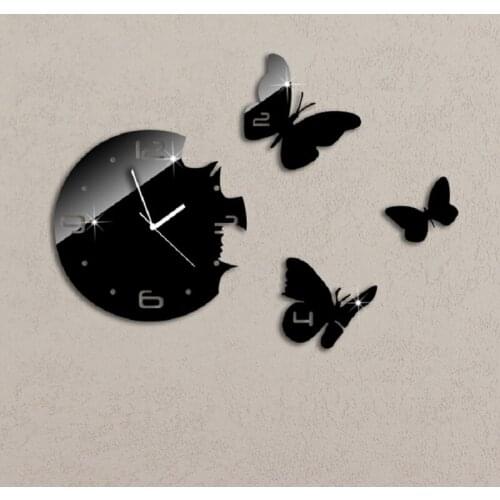 Black Butterflies Art Modern Luxury DIY Removable 3D Crystal Mirror Wall Clock Wall Sticker Living Room Bedroom Decor Klok Z045