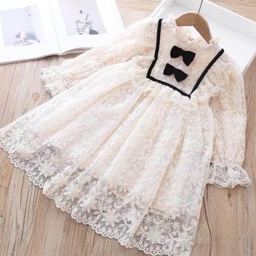 Long Sleeve Children Girls Dress Lace Embroidery Casual Kids Bowknot Dresses for Girls Princess Girl Clothing Party Baby Clothes