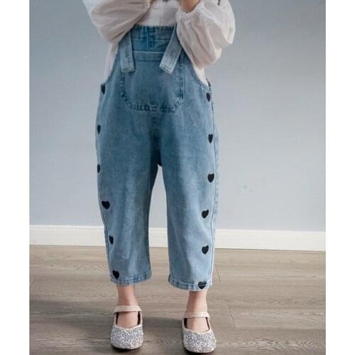 3-8 Y Baby Girls Jumpsuits Korean Casual Loose Love Print Girls Denim Overalls 2021 New Spring Kids Denim Trousers Child Clothes