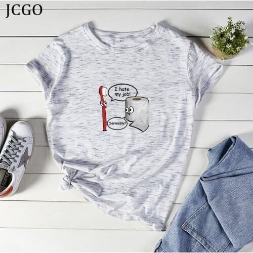 JCGO Summer Cotton T Shirt Women Plus Size 5XL Funny Dialogue Cartoon Print O-Neck Short Sleeve TShirts Casual Ladies Tee Tops