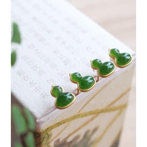 Natural Hetian jade Jasper gourd Earrings Chinese style retro palace small and exquisite womens silver jewelry