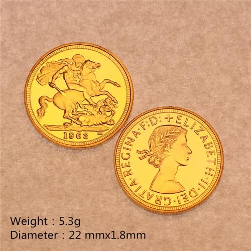 Free shipping 10pcs 1963 British Sovereign George & UK Elizabeth II gold plated Sovereign coin