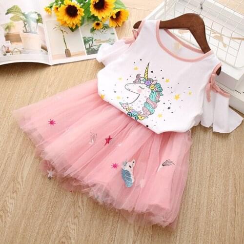 2-piece Unicorn Girls Set for Summer New Clothing Suit Fashion Style Cartoon Print T-Shirt + Mesh Skirt Sets