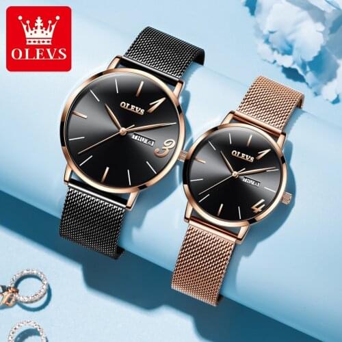 OLEVS Couple Watch Men and women watches Minimalist dial Stainless Steel Quartz Waterproof Wristwatches for Men Analog Auto Date