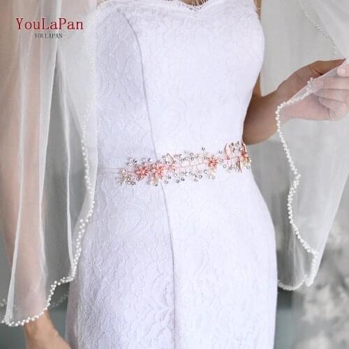 YouLaPan SH236-RG Bridal Belt Rose Gold Rhinestone Jeweled Belt Pearl Bridal Belt Diamond Wedding Belts Crystal Wedding Belt
