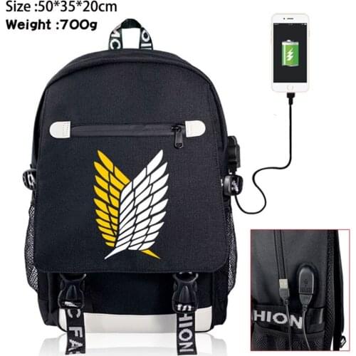Anime Attack on Titan Backpack Student USB Charging School Bag Teenager Zipper Rucksack Boys Girls Shoulders Travel Laptop Bag