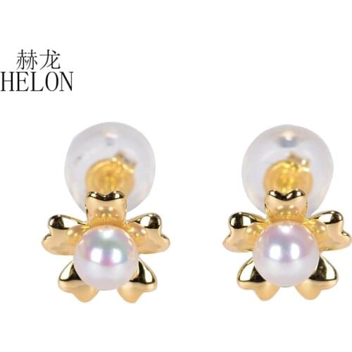 HELON Solid 18k Yellow / White /Rose Gold 100% Genuine Natural White FreshWater Pearl Women Stud Earrings Fine Jewelry Best Gift