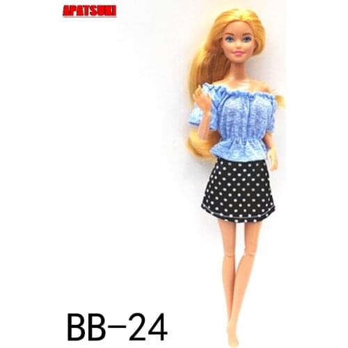 Blue Fashion Doll Clothes For Barbie Doll Outfits 1/6 Dolls Accessories Ruffle Off Shoulder Top & Polka Skirt Toys For Children
