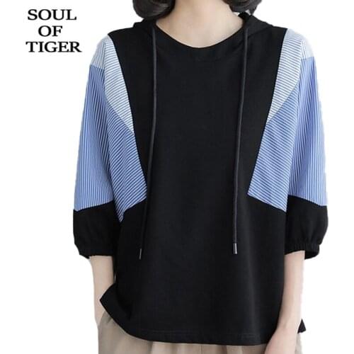 SOUL OF TIGER Summer New Design 2021 Tee Shirts Ladies Hooded Striped Tshirts Women Loose Casual Tops Girls Clothing Plus Size
