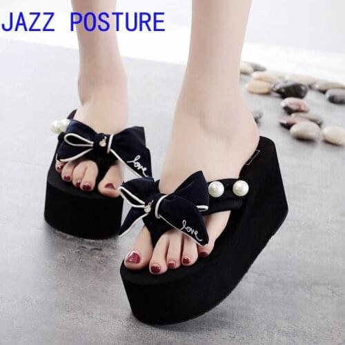 Womens shoes 8cm high heel flip flops handmade bow slip beach holiday fashion ladies sandals slippers womens high heels y550