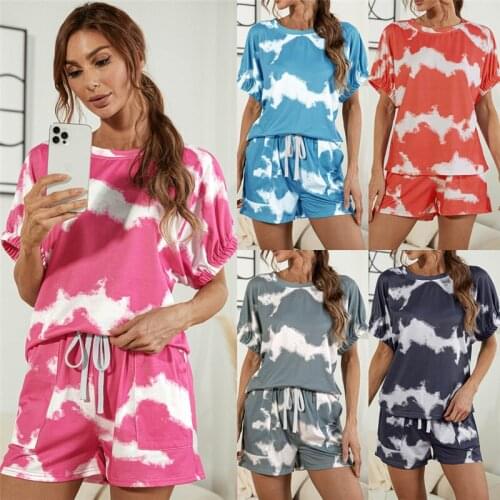 Women Summer Casual 2 Piece Set Tie-dye Print O-Neck Short Sleeve T-Shirts+Drawstring Design Pockets Decor Mid Waist Shorts