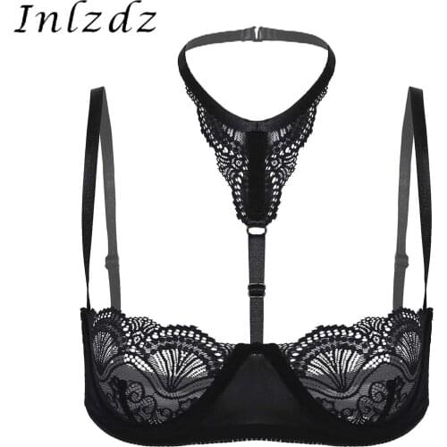 Womens Erotic Sexy Lingerie Bra Tops See-Through Lace Halter Neck Underwired Unlined Hot Sexy Brassiere Underwear