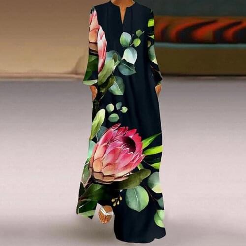 Women Dress Autumn plus size Elegant Chinese Style Maxi Dress Vintage V Neck Floral Print 3/4 Sleeve Casual Dress Long Dress