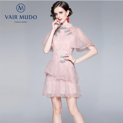 2021 Summer Dress Amoi Sequined Mesh Ruffled Waist Thinning Stand-up Collar Improved Cheongsam Dress Women Elegant Sweet Y-214