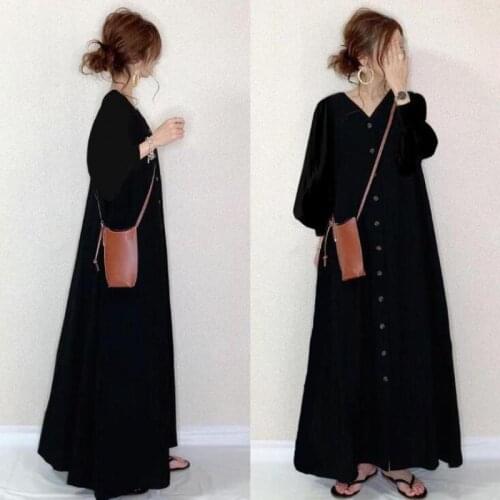 2021 Spring New Japanese Simple Solid Color V-neck Long Sleeve Plus Size High Waist Thin Loose Women A-line Dress Free Shipping