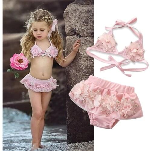 2021 Summer Baby Girls Swimsuits Pink Floral Two Piece Swimwear For Girl Imitation Pearls Bikini Set Children Swimming Suit Kids