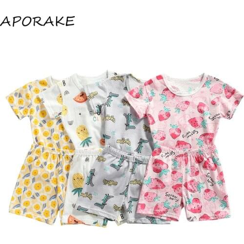 2021 2-8Y Casual Kids Baby Girl Pajamas Sets Dinosaur/Rainbow/Fruit/Floral Print Short Sleeve Top+Shorts Summer Cotton Sleepwear