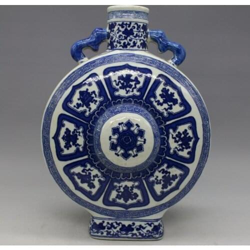 Antique QingDynaty Hand-made Porcelain vase,blue & white flat bottle ,hand-painted crafts,best Home Decorations&Collection