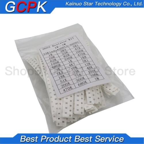 Free shipping 0603 SMD Resistor Kit Assorted Kit 1ohm-1M ohm 1% 33valuesX 20pcs=660pcs Sample Kit