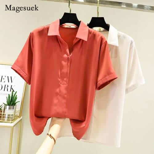 Summer Plus Size Tops for Women 2021 Women Solid Chiffon Shirt Korea Stand Collar Button Office Lady Loose Red Shirt Blusa 15465