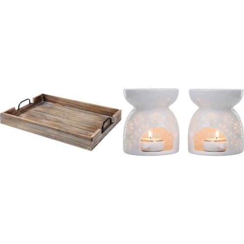Wood Breakfast Tray Decorative Table Tray Bed Tray Table Tea Tray with Ceramic Tealight Candle Holder Oil Burner