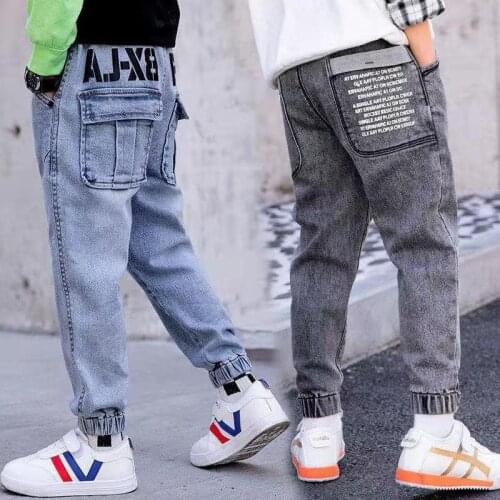 Boys Jeans For Spring Autumn 2021 New Casual Letter Print Elastic Waist Kids Trousers Teenager Pencil Pants Clothes High Quality