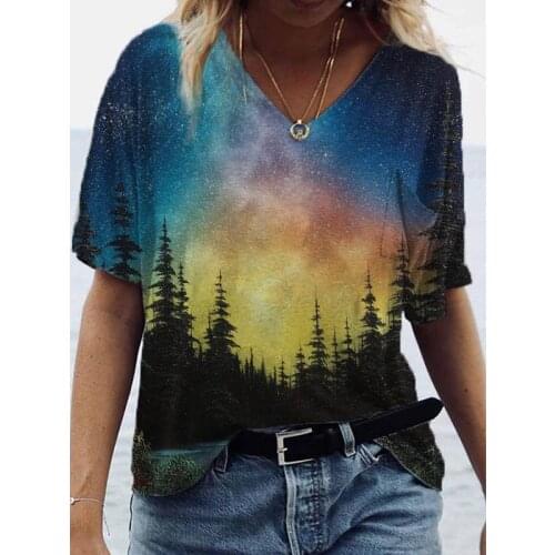 Harajuku Landscape Print T Shirt Women Casual Short Sleeve Vintage Creative Costume Personality Streetwear