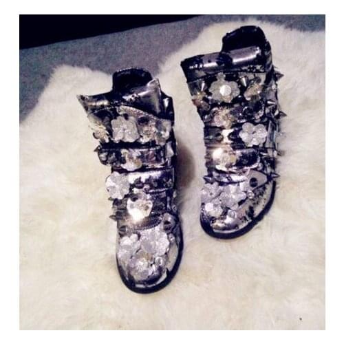 Harajuku gold powder sequined high-top casual shoes, inner heightening orange velcro cotton shoes women