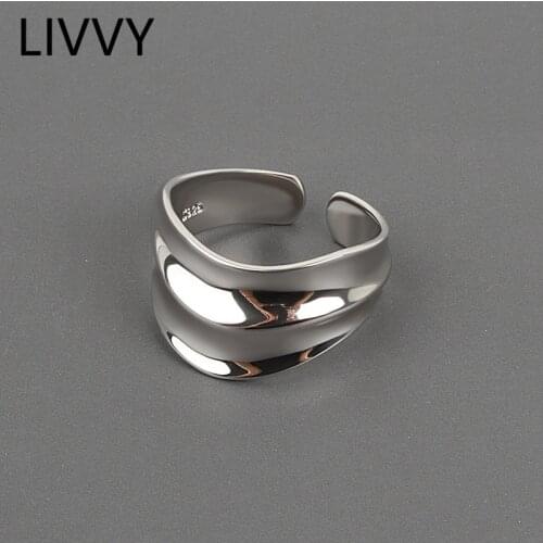 LIVVY Silver Color Irregular Concave-Convex Wide Smooth Surface Adjustable Ring For Fashion Women Party Fine Jewelry