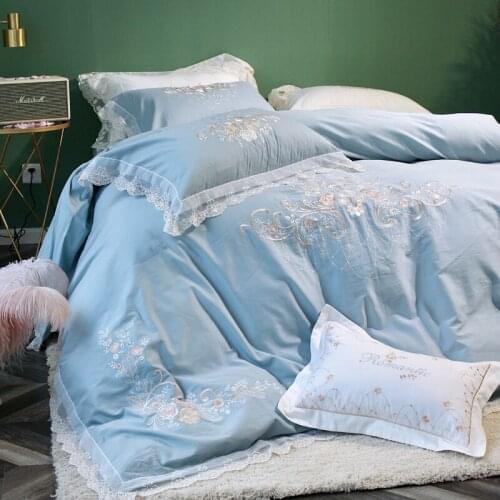 New luxury Royal blue 100S Egyptian cotton Embroidery Bedding sets Queen King Lace Duvet cover Bed sheet set Pillowcases 4pcs