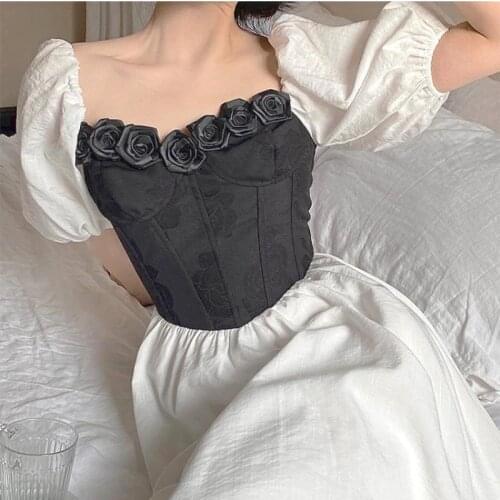 Summer Vintage Party Midi Dress French Designer Elegant Chic Patchwork Corset Dress Bubble Sleeve Off Shoulder Dresses for Women