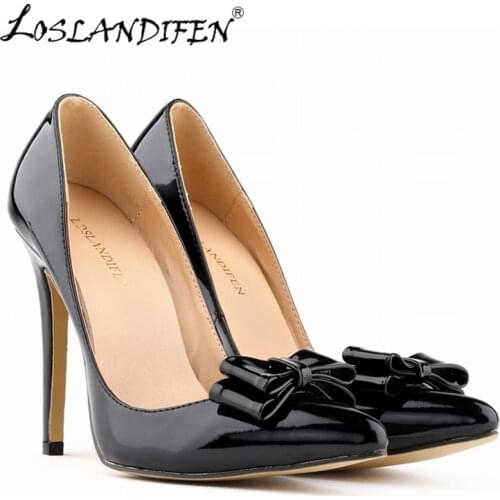 LOSLANDIFEN Fashion Patent Leather Womens Pumps Sweet Bow Pointed Toe High Heels Stiletto Wedding Shoes Woman