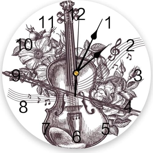 Music Black Violin Flowers Retro Style Modern Wall Clock For Home Office Decoration Living Room Bathroom Decor Hanging Watch