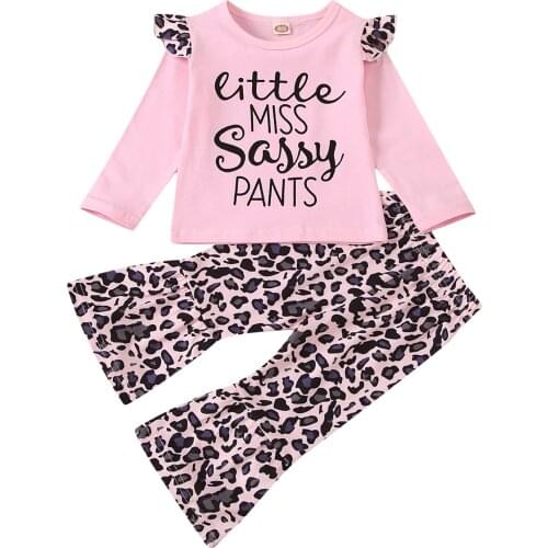 2021 Newest Baby Girls 2Pcs Fall Outfits, Letter Print Long Sleeve Ruffle Tops + Bell-Bottom Pants Set